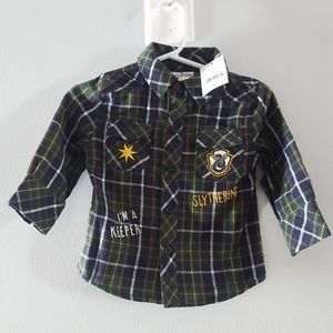 NWT Harry Potter Slytherin Plaid Flannel Button Up Long Sleeve Shirt Siz 12 Mon
